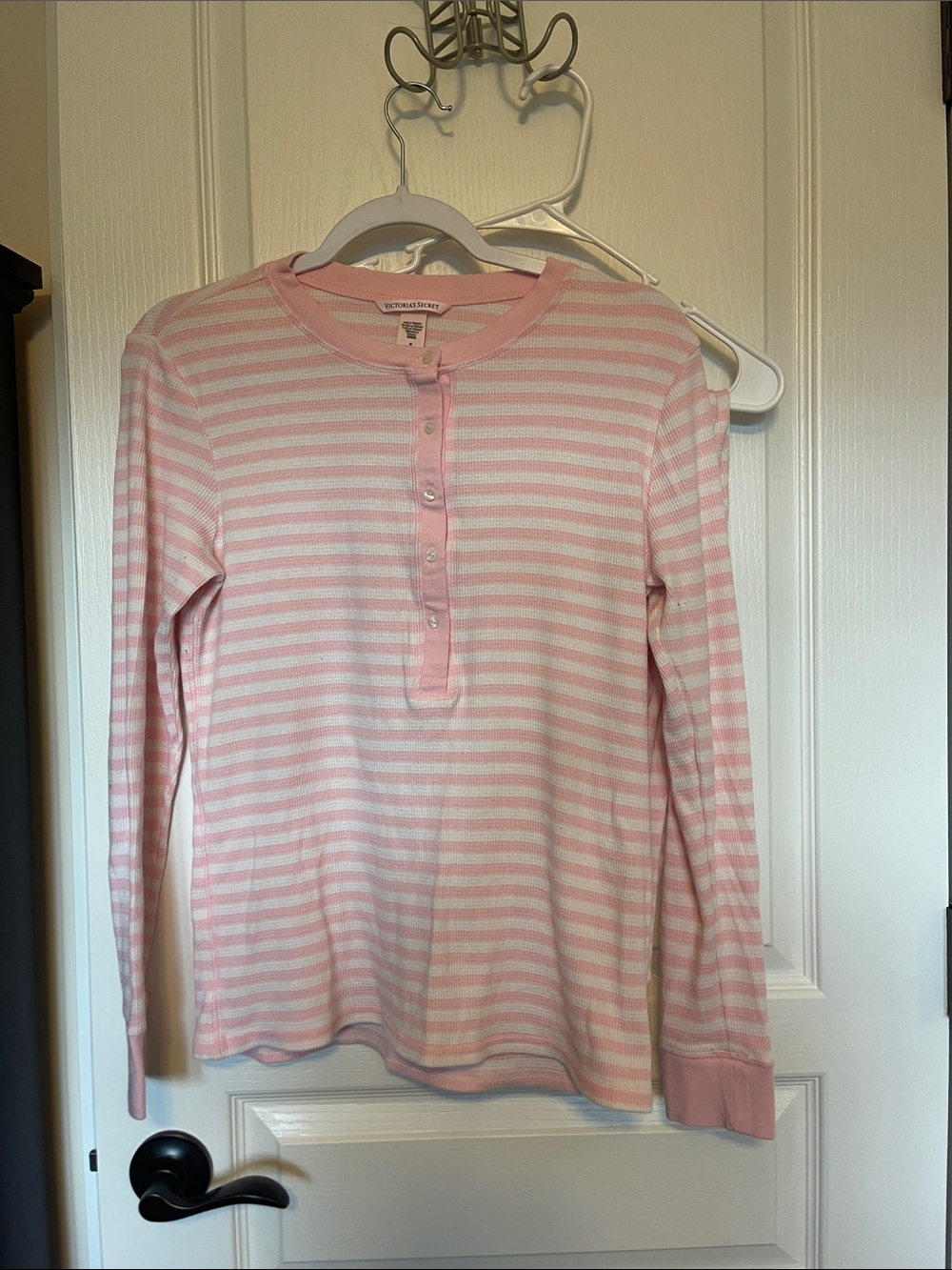 PINK Victoria's Secret Pink and White Striped Long-Sleeve Henley Top